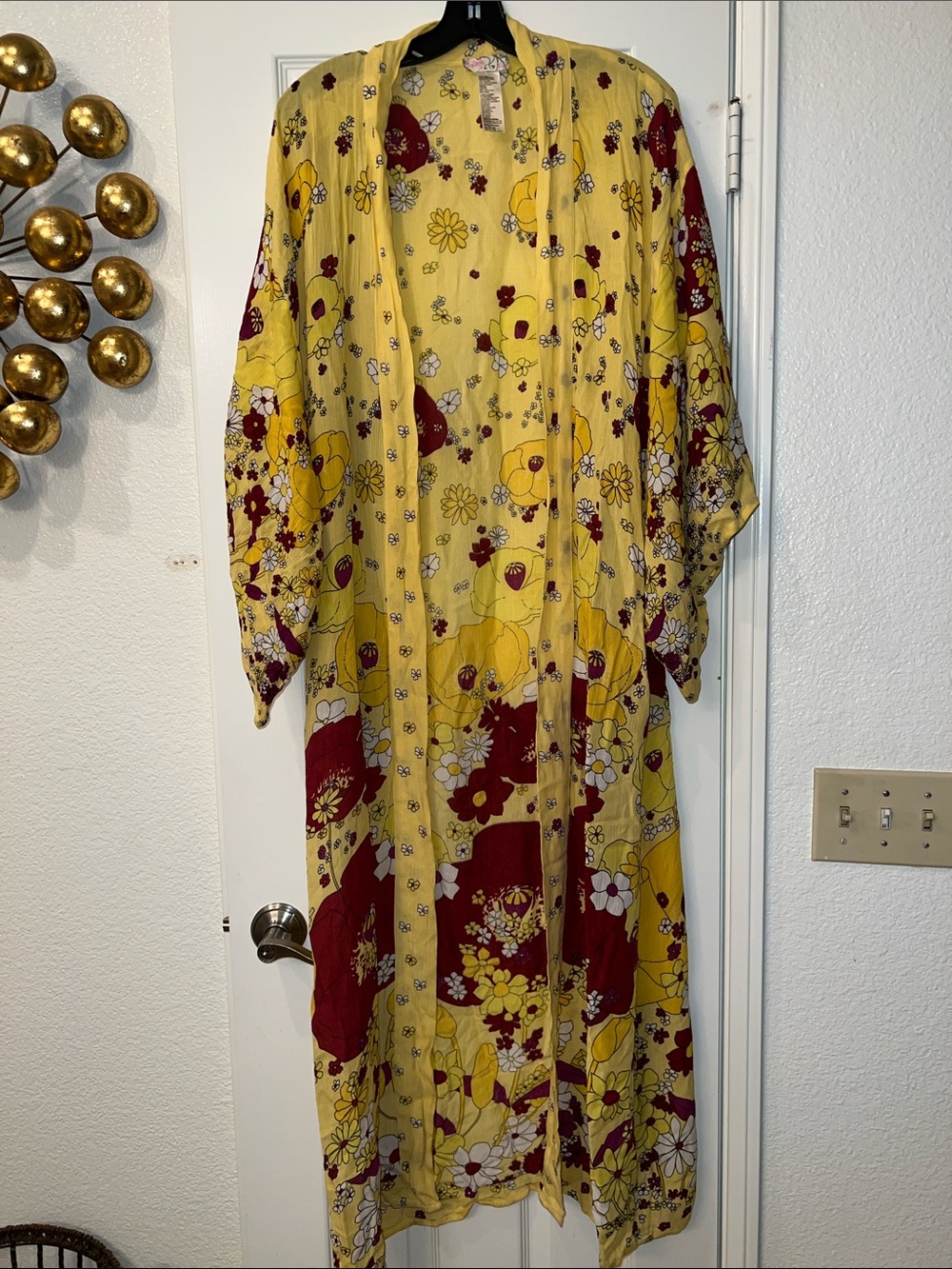 Free People Yellow Floral Maxi Kimono with Maroon Accents